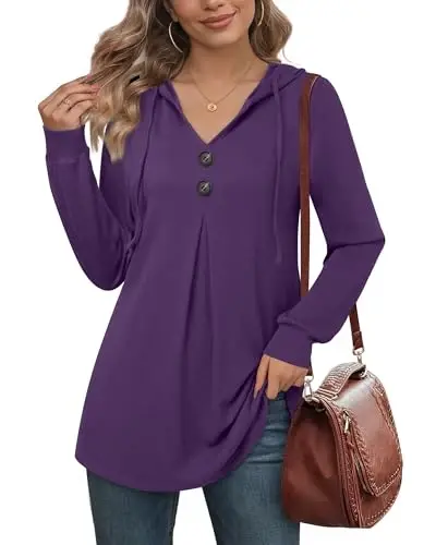 Lotusmile Women's Long Sleeve Hooded Tunic Tops Button Swing Pullover Hoodie Sweatshirts - 1