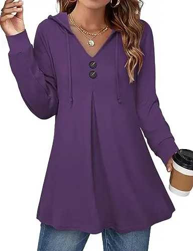 Lotusmile Women's Long Sleeve Hooded Tunic Tops Button Swing Pullover Hoodie Sweatshirts - 3