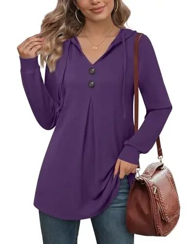 Lotusmile Women's Long Sleeve Hooded Tunic Tops Button Swing Pullover Hoodie Sweatshirts - LOTUSMILE
