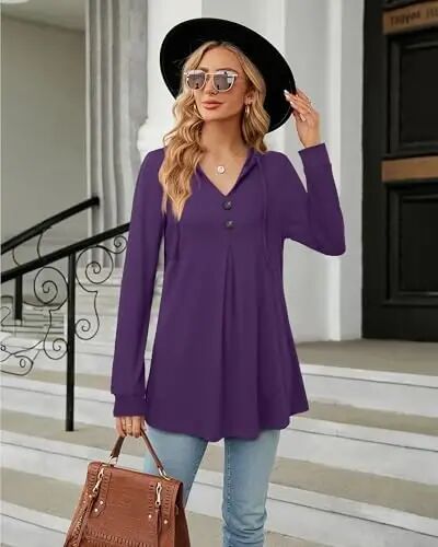 Lotusmile Women's Long Sleeve Hooded Tunic Tops Button Swing Pullover Hoodie Sweatshirts - LOTUSMILE (1)