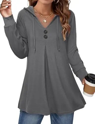 Lotusmile Women's Long Sleeve Hooded Tunic Tops Button Swing Pullover Hoodie Sweatshirts - 1