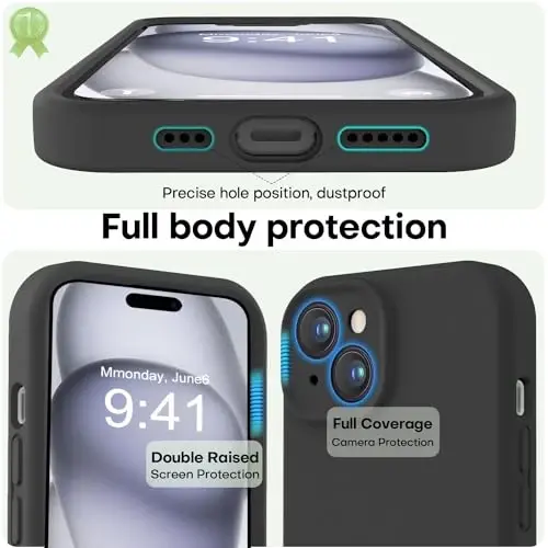 LOVE 3000 Compatible with iPhone 15 Case, [Smooth Silicone Full Coverage Camera] [8ft Drop Protection], Soft Microfiber Lining Full Body Protective Case for iPhone 15 6.1 inch - Black - 3