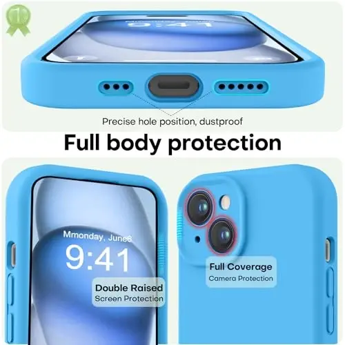 LOVE 3000 Compatible with iPhone 15 Case, [Smooth Silicone Full Coverage Camera] [8ft Drop Protection], Soft Microfiber Lining Full Body Protective Case for iPhone 15 6.1 inch - Blue - 3