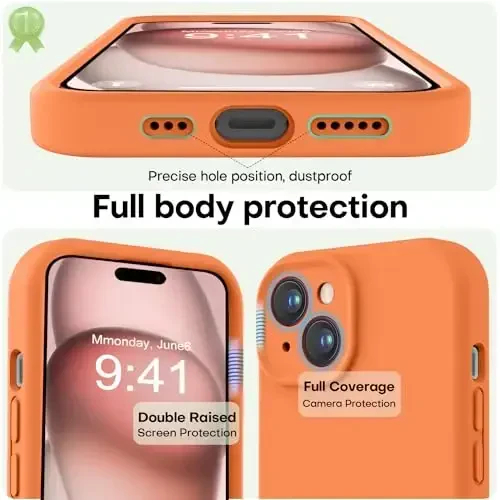 LOVE 3000 Compatible with iPhone 15 Case, [Smooth Silicone Full Coverage Camera] [8ft Drop Protection], Soft Microfiber Lining Full Body Protective Case for iPhone 15 6.1 inch - Bright Orange - 3