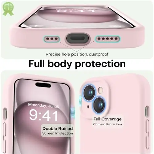 LOVE 3000 Compatible with iPhone 15 Case, [Smooth Silicone Full Coverage Camera] [8ft Drop Protection], Soft Microfiber Lining Full Body Protective Case for iPhone 15 6.1 inch - Chalk Pink - 3