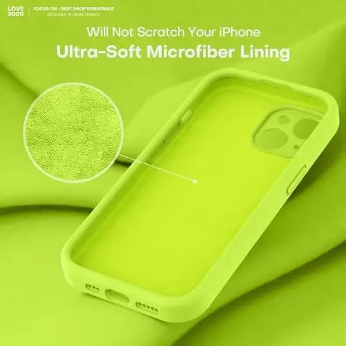 LOVE 3000 Compatible with iPhone 15 Case, [Smooth Silicone Full Coverage Camera] [8ft Drop Protection], Soft Microfiber Lining Full Body Protective Case for iPhone 15 6.1 inch - Fluorescent Green - 5