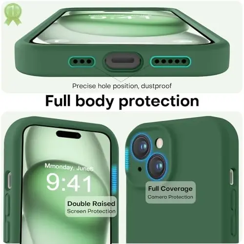 LOVE 3000 Compatible with iPhone 15 Case, [Smooth Silicone Full Coverage Camera] [8ft Drop Protection], Soft Microfiber Lining Full Body Protective Case for iPhone 15 6.1 inch - Green - 3