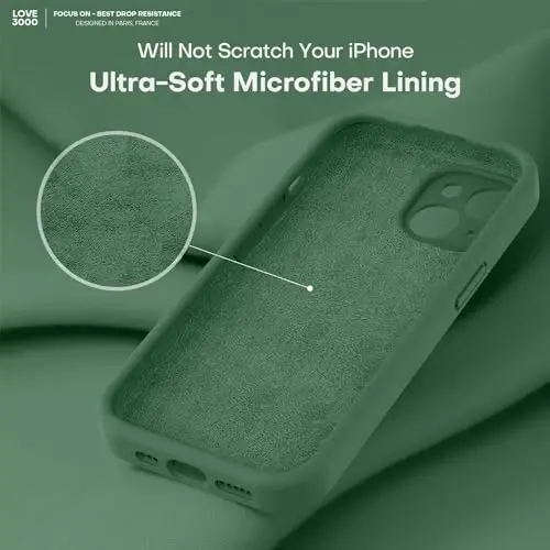 LOVE 3000 Compatible with iPhone 15 Case, [Smooth Silicone Full Coverage Camera] [8ft Drop Protection], Soft Microfiber Lining Full Body Protective Case for iPhone 15 6.1 inch - Green - 5