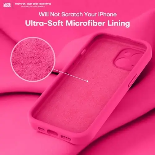 LOVE 3000 Compatible with iPhone 15 Case, [Smooth Silicone Full Coverage Camera] [8ft Drop Protection], Soft Microfiber Lining Full Body Protective Case for iPhone 15 6.1 inch - Hot Pink - 5