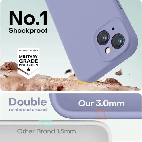 LOVE 3000 Compatible with iPhone 15 Case, [Smooth Silicone Full Coverage Camera] [8ft Drop Protection], Soft Microfiber Lining Full Body Protective Case for iPhone 15 6.1 inch - Lavender Grey - 4