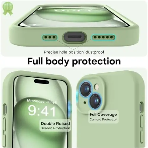 LOVE 3000 Compatible with iPhone 15 Case, [Smooth Silicone Full Coverage Camera] [8ft Drop Protection], Soft Microfiber Lining Full Body Protective Case for iPhone 15 6.1 inch - Matcha - 3