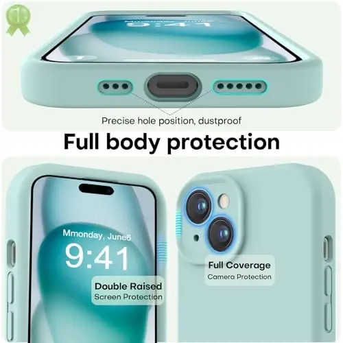 LOVE 3000 Compatible with iPhone 15 Case, [Smooth Silicone Full Coverage Camera] [8ft Drop Protection], Soft Microfiber Lining Full Body Protective Case for iPhone 15 6.1 inch - Mint - 3
