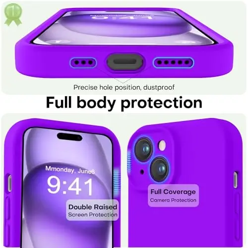 LOVE 3000 Compatible with iPhone 15 Case, [Smooth Silicone Full Coverage Camera] [8ft Drop Protection], Soft Microfiber Lining Full Body Protective Case for iPhone 15 6.1 inch - Neon Purple - 3