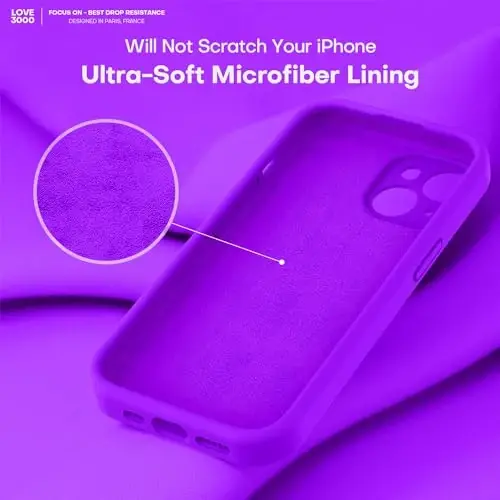 LOVE 3000 Compatible with iPhone 15 Case, [Smooth Silicone Full Coverage Camera] [8ft Drop Protection], Soft Microfiber Lining Full Body Protective Case for iPhone 15 6.1 inch - Neon Purple - 5