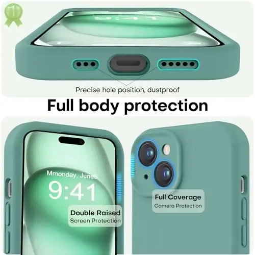 LOVE 3000 Compatible with iPhone 15 Case, [Smooth Silicone Full Coverage Camera] [8ft Drop Protection], Soft Microfiber Lining Full Body Protective Case for iPhone 15 6.1 inch - Pine Green - 3