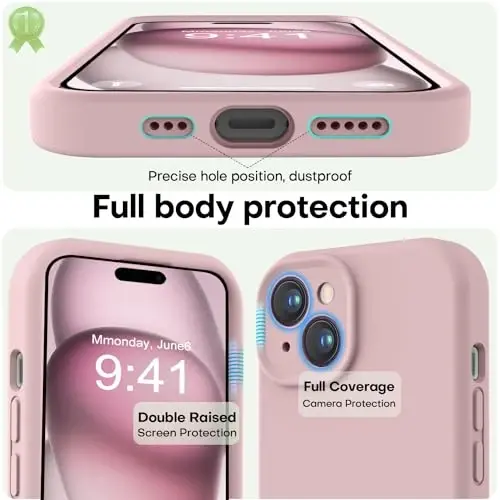LOVE 3000 Compatible with iPhone 15 Case, [Smooth Silicone Full Coverage Camera] [8ft Drop Protection], Soft Microfiber Lining Full Body Protective Case for iPhone 15 6.1 inch - Pink Sand - 3