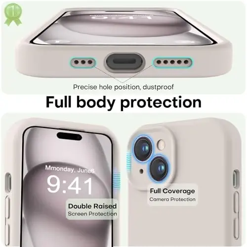 LOVE 3000 Compatible with iPhone 15 Case, [Smooth Silicone Full Coverage Camera] [8ft Drop Protection], Soft Microfiber Lining Full Body Protective Case for iPhone 15 6.1 inch - Stone - 3