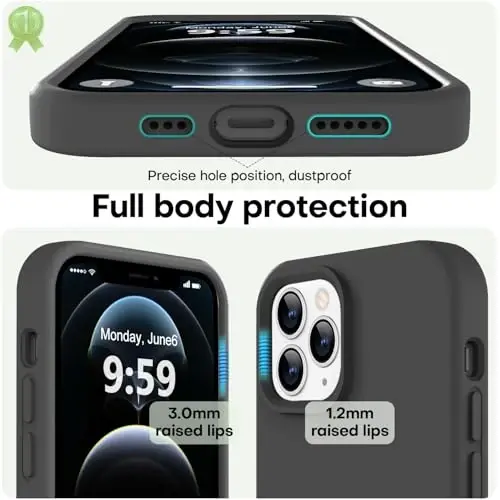 LOVE 3000 iPhone 12 Pro Max uchun mos keladigan telefon gʻilofi | 2,1 MM qalinlikdagi suyuq silikon | Tirnalishga qarshi mikrofiber qoplama | Erkaklar uchun toʻliq korpusli kuchli himoya gʻilofi, qora - 3