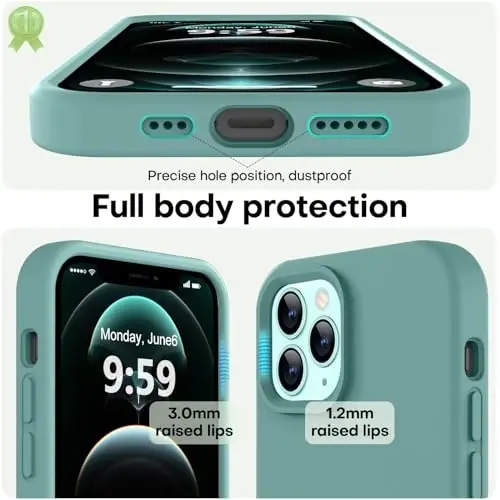 LOVE 3000 iPhone 12 Pro Max uchun mos keladigan telefon g‘ilofi | Qalinligi 2,1 MM suyuq silikon | Tirnalishga qarshi mikrofiber astar | Erkaklar uchun butun tanani qoplaydigan kuchli himoya g‘ilofi, qarag‘ay yashili - 3
