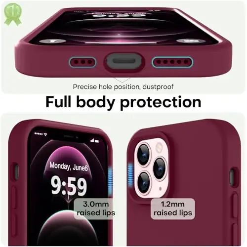 LOVE 3000 iPhone 12 Pro Max uchun mos keladigan telefon qutisi | Suyuq silikonni qalinlashtirish | Chizishga qarshi mikrofiber astar | iPhone 12 Pro Max ayollar qizlari uchun to'liq tanani og'ir himoya qutisi, WineRed - 3