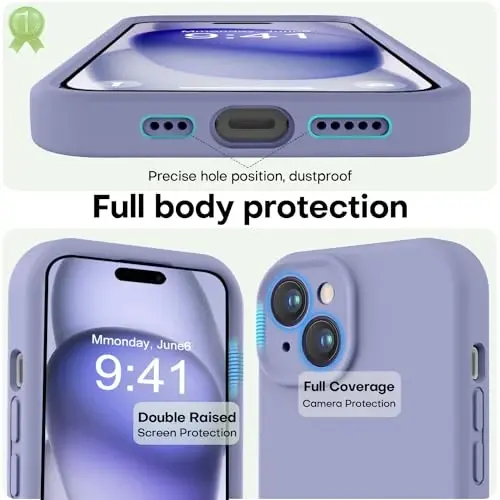 LOVE 3000 iPhone 15 Case bilan mos, [Silliq Silikon To'liq Qamrovli Kamera] [8ft Tushishdan Himoya], Yumshoq Mikro Elyaf Astarli To'liq Korpus Himoya G'ilofi iPhone 15 6.1 dyuym - Lavanda Kulrang - 3