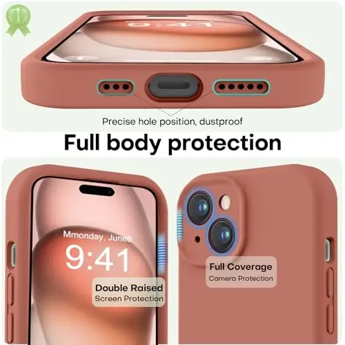 LOVE 3000 iPhone 15 g‘ilofi bilan mos keladi, [Silliq silikonli to‘liq qamrovli kamera] [8 fut balandlikdan tushishdan himoya], iPhone 15 6,1 dyuym uchun yumshoq mikrofiber qoplamali to‘liq korpusli himoya g‘ilofi - Caramel - 3