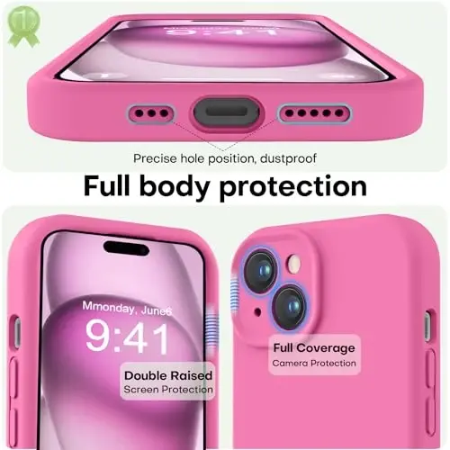 LOVE 3000 iPhone 15 g‘ilofi bilan mos, [Silliq silikonli to‘liq qamrovli kamera] [2,4 m balandlikdan tushishdan himoya], iPhone 15 6.1 dyuym uchun yumshoq mikrofiber astarli to‘liq korpusli himoya g‘ilofi - Pitaya - 3