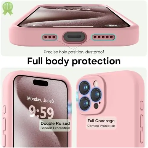 LOVE 3000 iPhone 15 Pro uchun mo'ljallangan g'ilof, Premium silikon, [Yumshoq chizishga qarshi mikrofiber astarli] Zarba o'tkazmaydigan himoya telefon g'ilofi erkaklar, ayollar, qizlar uchun 6.1