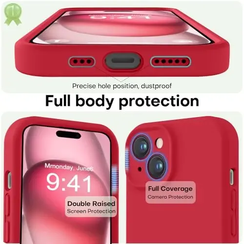 LOVE 3000 iPhone 15 uchun mos keladigan g‘ilof, [Silliq silikon kamera to‘liq qoplamasi] [8 fut balandlikdan tushishdan himoya], iPhone 15 6.1 dyuym uchun yumshoq mikrofiber astarli to‘liq korpus himoya g‘ilofi - Qizil - 3