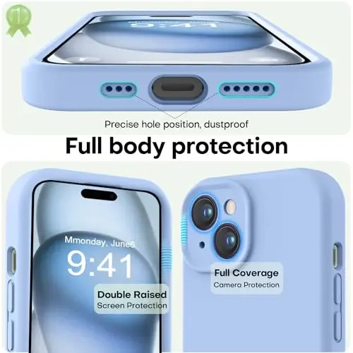 LOVE 3000 iPhone 15 uchun mos keladigan g'ilof, [Silliq Silikon To'liq Qamrovli Kamera] [2.4m Balandlikdan Tushishdan Himoya], Yumshoq Mikro Elyaf Astarlı To'liq Himoya G'ilofi iPhone 15 6.1 dyuym - Och Moviy - 3