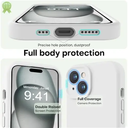LOVE 3000 iPhone 15 uchun mos keladigan g'ilof, [Silliq silikon to'liq qamrovli kamera] [8 futlik tushishdan himoya], iPhone 15 6.1 dyuym uchun yumshoq mikrofiber qoplamali to'liq korpus himoya g'ilofi - Oq - 3