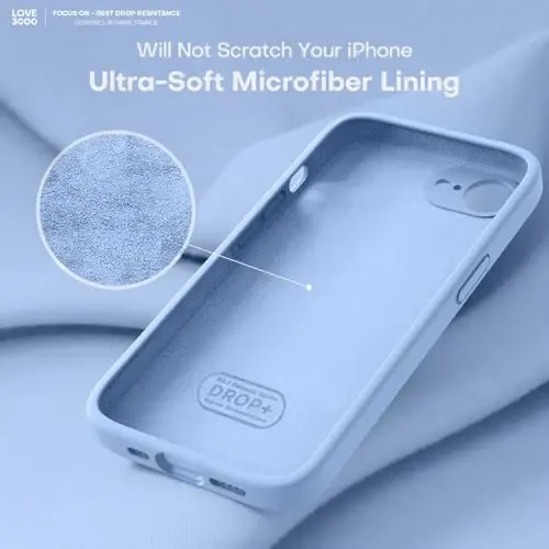LOVE 3000 iPhone 16e uchun g‘ilof, [Yumshoq chizilishga qarshi mikrofiber astarli] Premium silikon, erkaklar ayollar qizlar uchun zarbaga chidamli himoya telefon g‘ilofi 6.1
