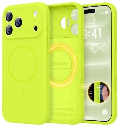 LOVE 3000 Magnetic for iPhone 18 Pro Case Silicone, Fluorescent Green | Compatible with Magsafe, Camera Protection, Soft Microfiber Lining, Slim Shockproof Protective Case for iPhone 18 Pro - 1
