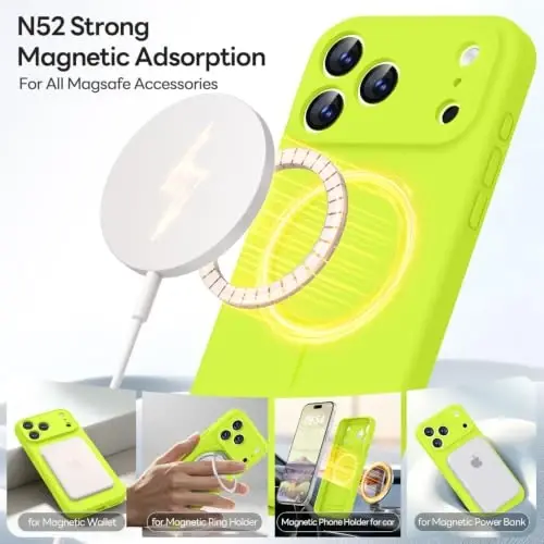 LOVE 3000 Magnetic for iPhone 18 Pro Case Silicone, Fluorescent Green | Compatible with Magsafe, Camera Protection, Soft Microfiber Lining, Slim Shockproof Protective Case for iPhone 18 Pro - 3