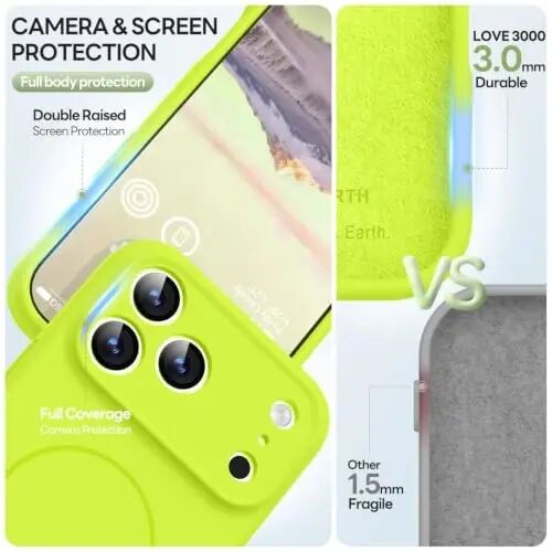LOVE 3000 Magnetic for iPhone 18 Pro Case Silicone, Fluorescent Green | Compatible with Magsafe, Camera Protection, Soft Microfiber Lining, Slim Shockproof Protective Case for iPhone 18 Pro - 5