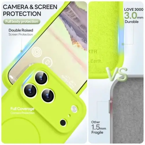 LOVE 3000 Magnetic for iPhone 18 Pro Case Silicone, Fluorescent Green | Compatible with Magsafe, Camera Protection, Soft Microfiber Lining, Slim Shockproof Protective Case for iPhone 18 Pro - 5