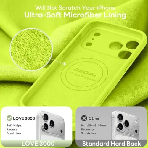 LOVE 3000 Magnetic for iPhone 18 Pro Case Silicone, Fluorescent Green | Compatible with Magsafe, Camera Protection, Soft Microfiber Lining, Slim Shockproof Protective Case for iPhone 18 Pro - 6