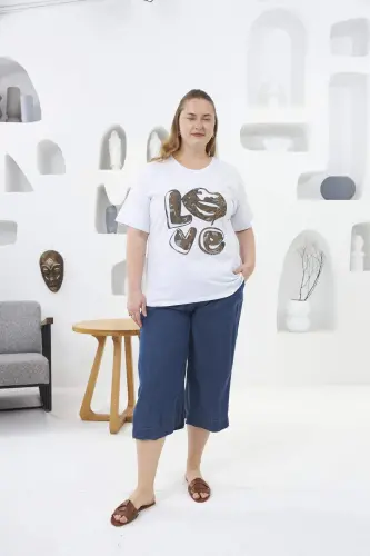 Love Stone Printed Plus Size T-Shirt White - 4