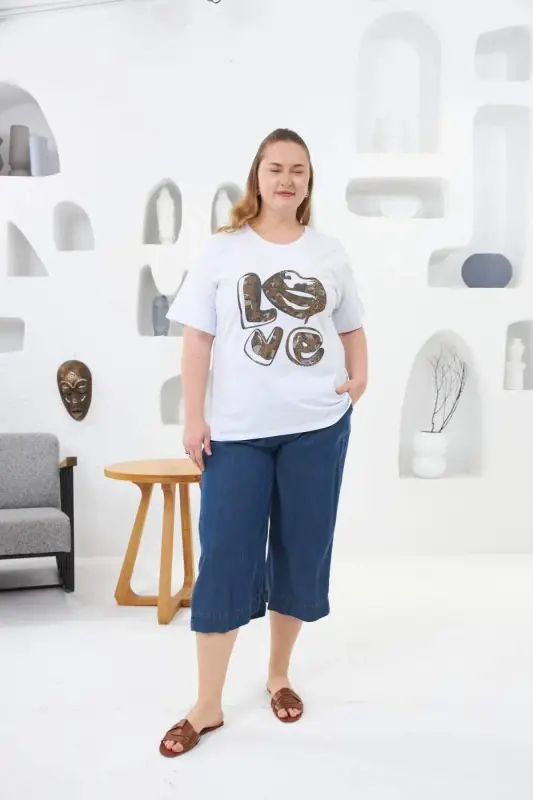 Love Stone Printed Plus Size T-Shirt White - 4