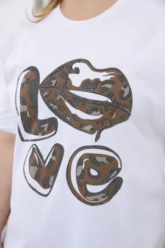 Love Taş Baskılı Büyük Beden Tişört Beyaz - 6