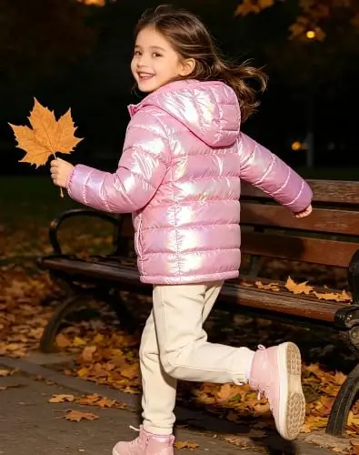 Lovekider Girls Winter Coat Shiny Gradient Lightweight Puffer Jacket 4-12Y | Down-Alternative, Windproof, Water-Resistant, Hooded, Durable Zipper, Girl Warm Winter Jacket for School Daily Outdoor Travel - 4