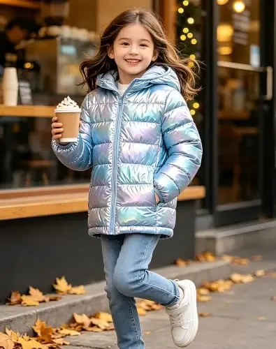 Lovekider Girls Winter Coat Shiny Gradient Lightweight Puffer Jacket 4-12Y | Down-Alternative, Windproof, Water-Resistant, Hooded, Durable Zipper, Girl Warm Winter Jacket for School Daily Outdoor Travel - 3
