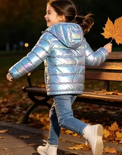Lovekider Girls Winter Coat Shiny Gradient Lightweight Puffer Jacket 4-12Y | Down-Alternative, Windproof, Water-Resistant, Hooded, Durable Zipper, Girl Warm Winter Jacket for School Daily Outdoor Travel - 4