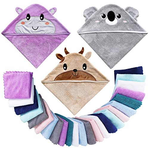 Lovely Care 3 Pack Baby Hooded Bath Towel with 24 Count Washcloth Sets for Newborns Infants & Toddlers, Boys & Girls - Baby Registry Search Essentials Item - Cattle, Koala, Hippo - 1