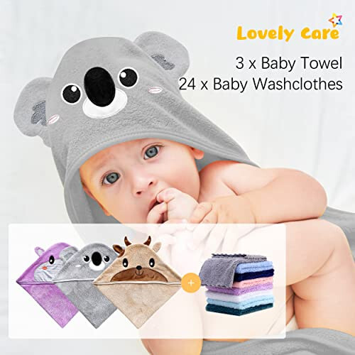 Lovely Care 3 Pack Детское полотенце для купания с капюшоном в комплекте с 24 салфетками для новорожденных, младенцев и малышей, мальчиков и девочек - Необходимый предмет для поиска в реестре младенцев - КРС, коала, бегемот - 4