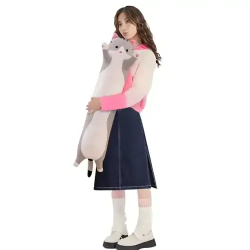 Lovely Plush Cat Doll Cute Cartoon Soft Stuffed Kitten Long Throw Sleeping Pillow Toy Gift for Kids Girlfriend Multiple Size (Grey,90cm/35.4in) - 1