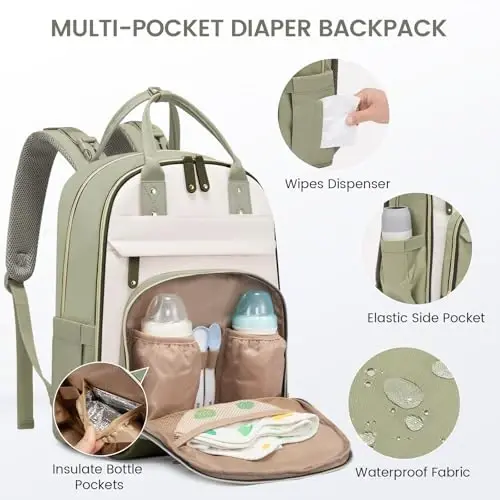 LOVEVOOK Diaper Bag Backpack, Baby Bag with Changing Pad, Large Diaper Backpack Boy Girl, Waterproof Baby Registry Bag for Mom Dad with Stroller Buckles, Light Green-beige-olive Green - 3