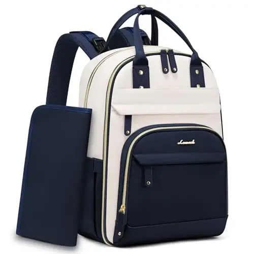 LOVEVOOK Diaper Bag Backpack, Baby Bag with Changing Pad, Large Diaper Backpack Boy Girl, Waterproof Baby Registry Bag for Mom Dad with Stroller Buckles, Dark Blue-beige - LOVEVOOK