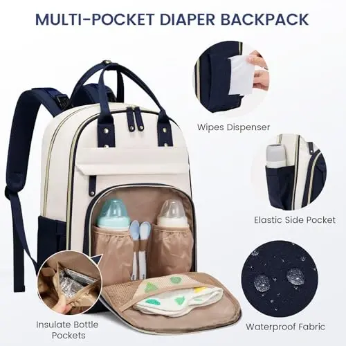 LOVEVOOK Diaper Bag Backpack, Baby Bag with Changing Pad, Large Diaper Backpack Boy Girl, Waterproof Baby Registry Bag for Mom Dad with Stroller Buckles, Dark Blue-beige - 3
