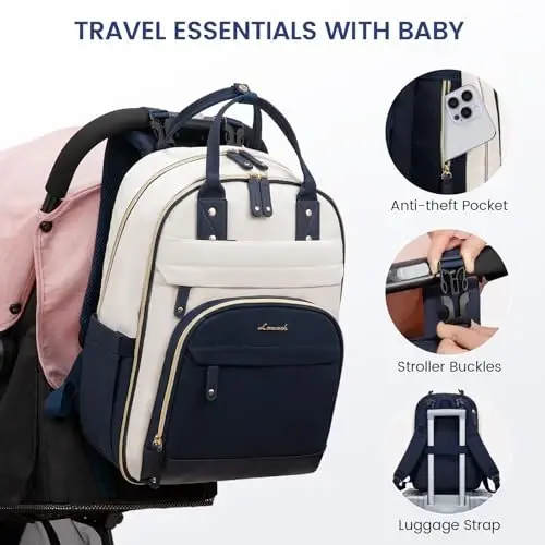 LOVEVOOK Diaper Bag Backpack, Baby Bag with Changing Pad, Large Diaper Backpack Boy Girl, Waterproof Baby Registry Bag for Mom Dad with Stroller Buckles, Dark Blue-beige - 4